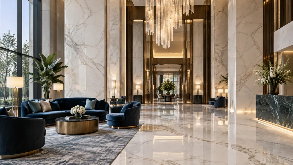 AI-generated large-format porcelain slab design inspiration: commercial